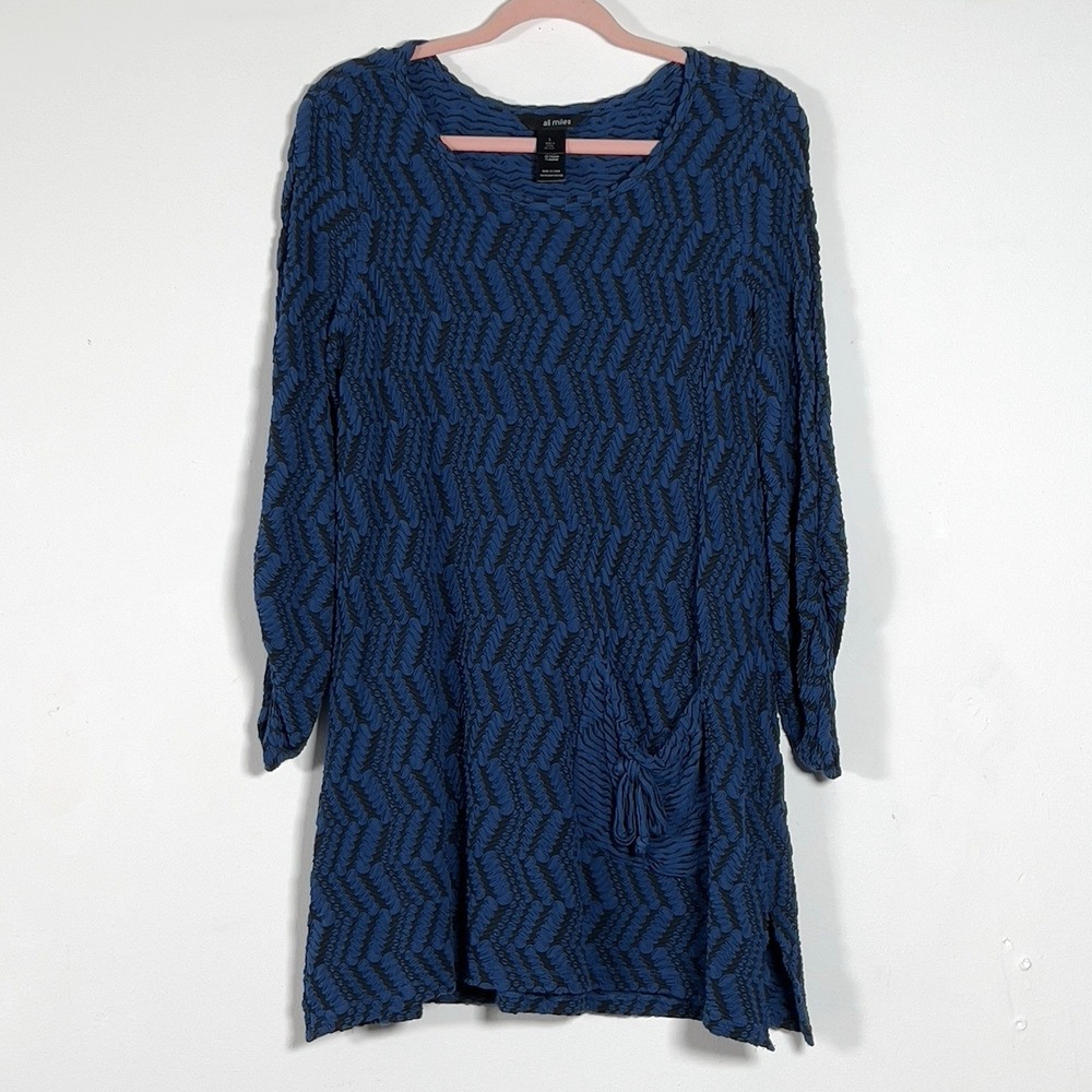 Ali Miles Pullover Tunic Top Womens Sz L Blue Textured Ruched Long Sleeve
